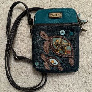 Chala Crossbody with Turtle Design - Brown with Turquoise polka dots EUC